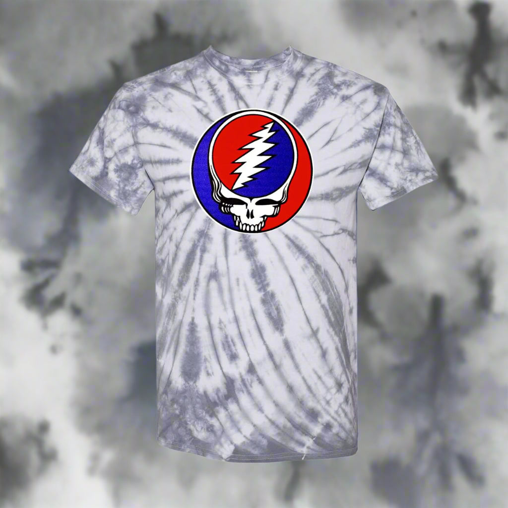 Tie-dye t-shirt with a Grateful Dead logo on a white background