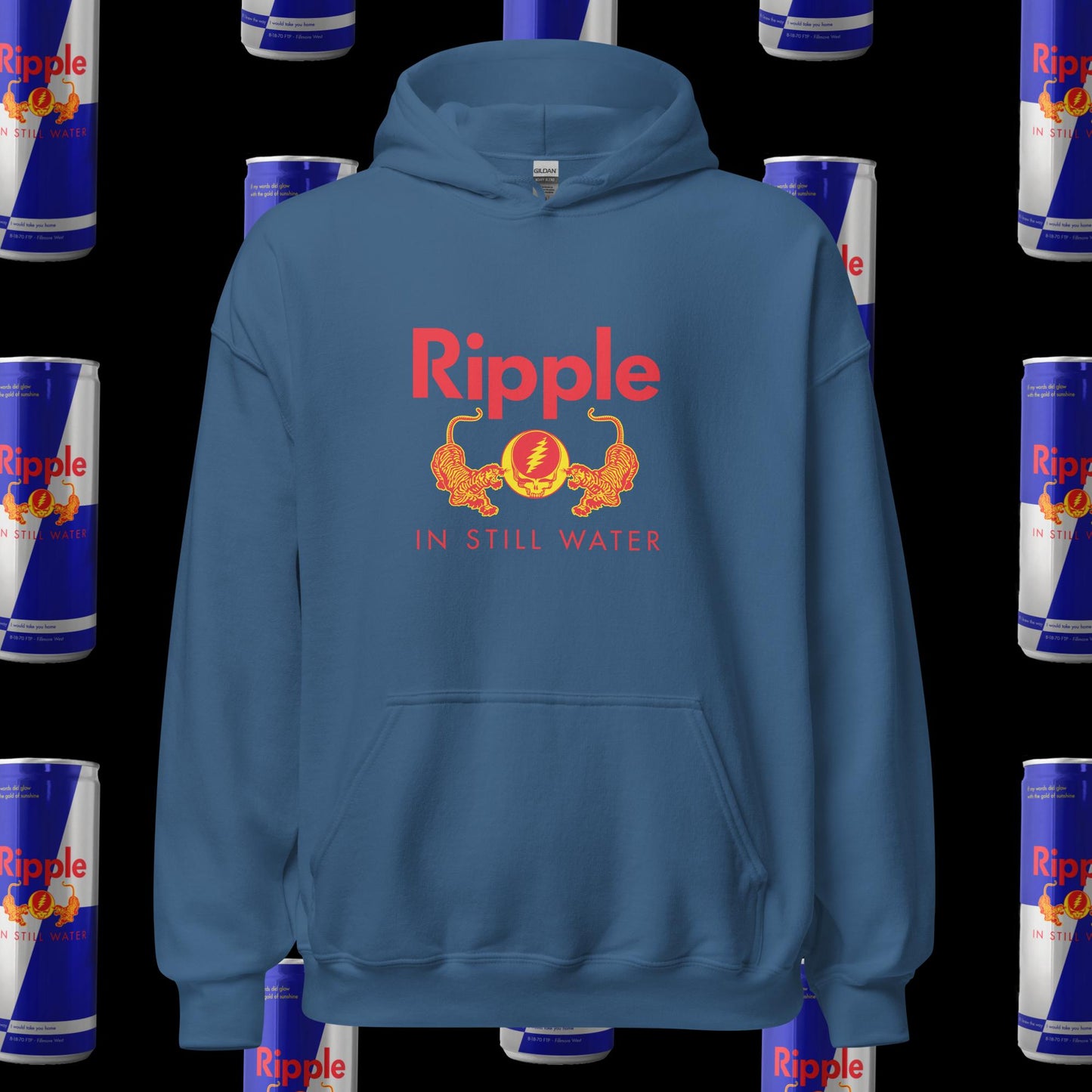 Blue hoodie with Ripple logo on a background of Ripple cans