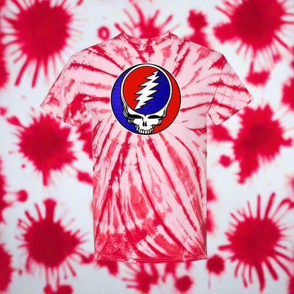 Tie-dye t-shirt with a logo on a white background