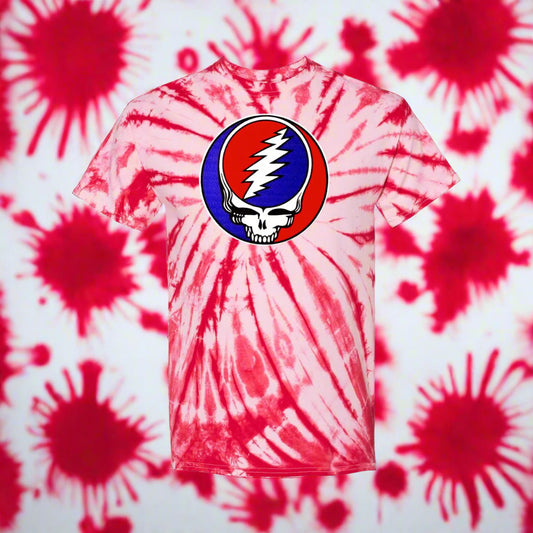 Tie-dye t-shirt with a logo on a white background