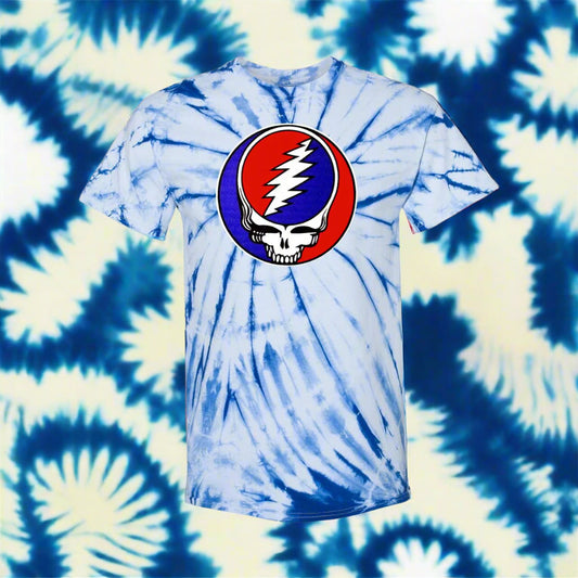 Tie-dye t-shirt with a Grateful Dead logo on a white background