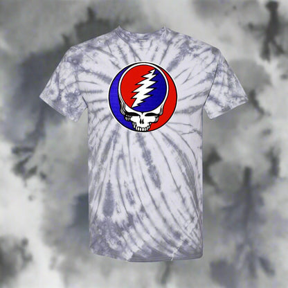 Tie-dye t-shirt with a Grateful Dead logo on a white background