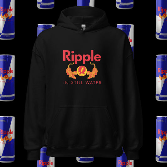 Black hoodie with 'Ripple' logo on a background of Ripple cans.