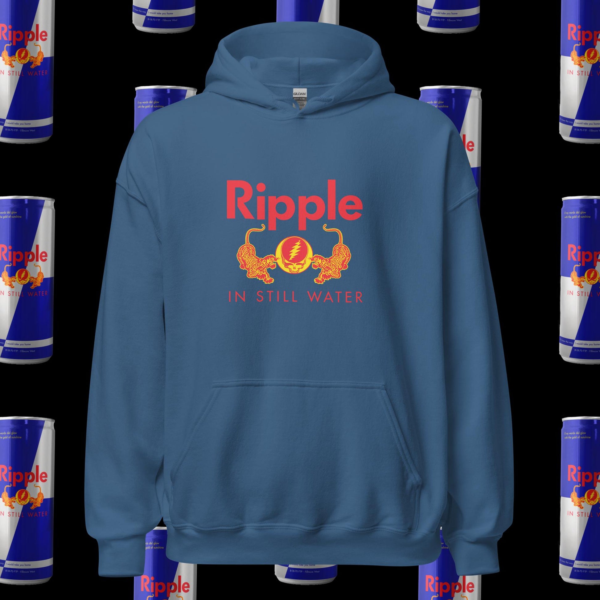Blue hoodie with Ripple logo on a background of Ripple cans
