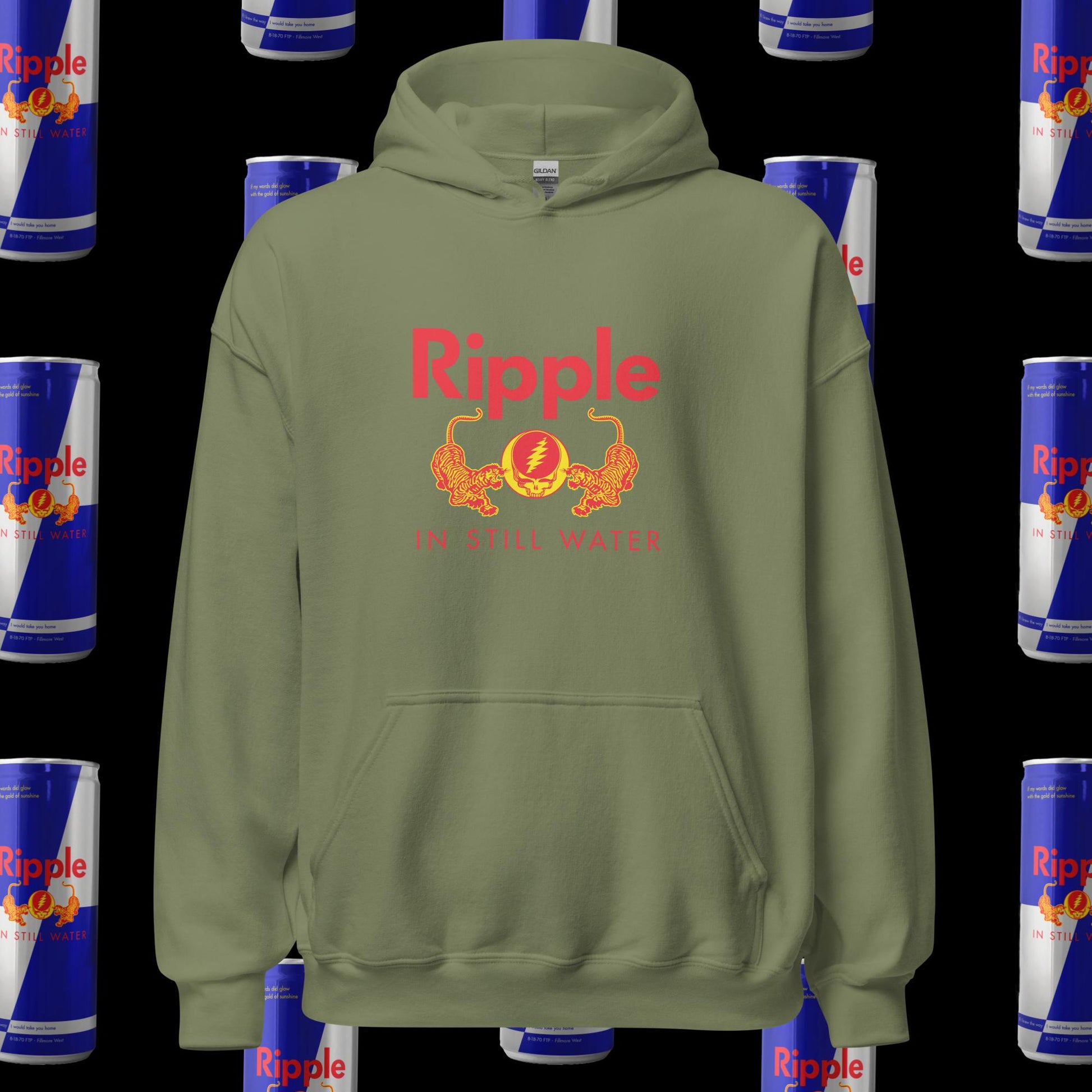 Green hoodie with Ripple logo on a background of Ripple cans